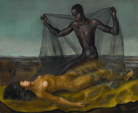 Dark Man And Monkey Woman (Homme Noir Et Femme Singe) - Leonor Fini - Surrealist Art Painting by Leonor Fini