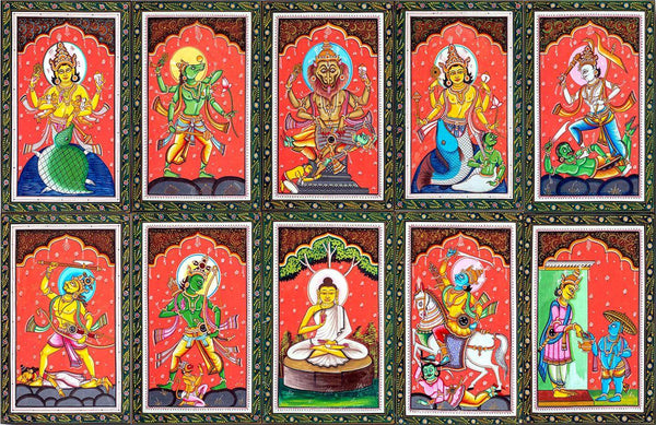 Dasavatars (10 Avatars) Of Lord Vishnu - Pattachitra Painting - Indian Folk Art - Canvas Prints