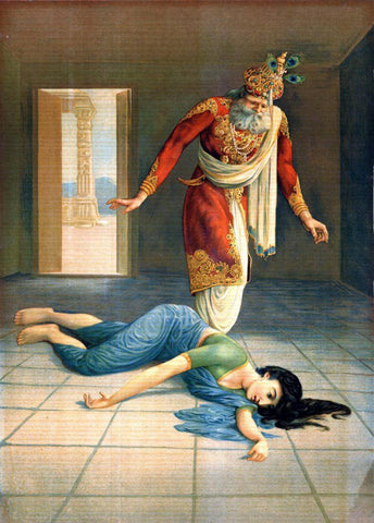 Dasrath Kaikeyi Vilap - Raja Ravi Varma - Indian Masters Oleograph Painting From Ramayana - Canvas Prints