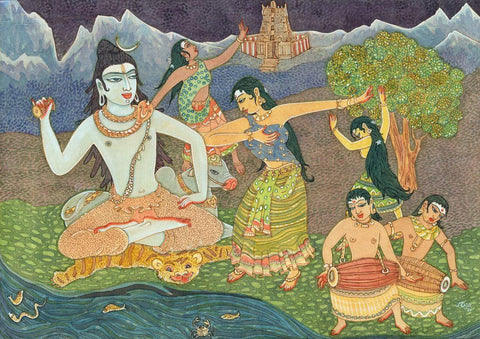 Devotees Dance To Lord Shivas Cosmic Music - Indian Spiritual Religious Art Painting by Raja
