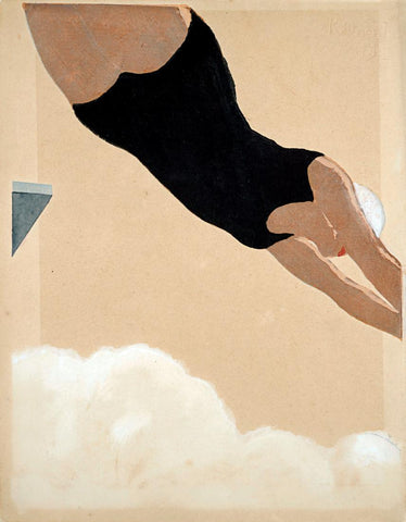 Diving (Daibingu) Onchi Koshiro - Contemporary Japanese Ukiyo-e Woodblock Print Painting by Onchi Koshiro
