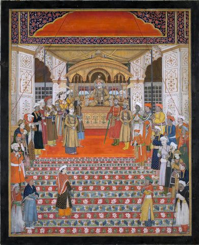 Durbar of Emperor Akbar Shah II c1820 - Vintage Mughal Miniature Indian Painting by Ghulam Murtaza Khan