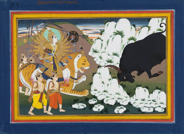 Durga confronts the Bull Demon, Mahishasura (An Illustration from a Markandeya Purana Series) c1830 - Art Prints