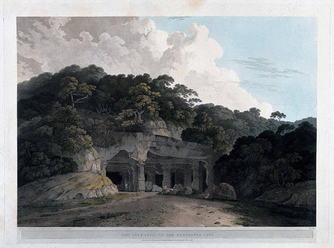 Entrance To The Elephanta In Maharashtra - Coloured Aquatint - Thomas And Willaim Daniell  - Vintage Orientalist Paintings of India by William Daniell