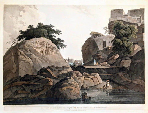 Fakeers Rock In Ganges - Coloured Aquatint - Thomas And Willaim Daniell  - Vintage Orientalist Paintings of India by William Daniell