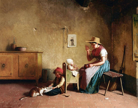 Feeding The Baby - Gaetano Chierici - 19th Century European Domestic Interiors Painting by Gaetano Chierici