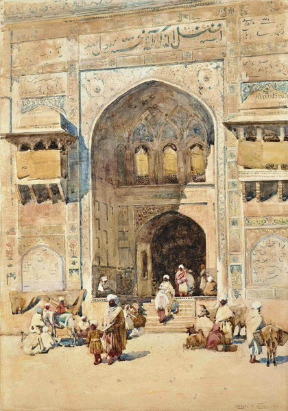 Figures on the steps of the Masjid Wazir Khan In Lahore - Robert Weir Allan RSA c1900 - Vintage Orientalist Painting Of Indian Subcontinent - Framed Prints