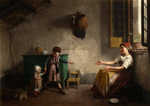First Steps (Primi Passi) - Gaetano Chierici - 19th Century European Domestic Interiors Painting by Gaetano Chierici