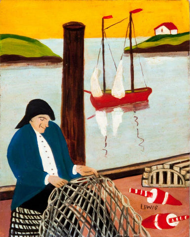 Fisherman On The Wharf (Flags) - Maud Lewis - Folk Art Painting by Maud Lewis