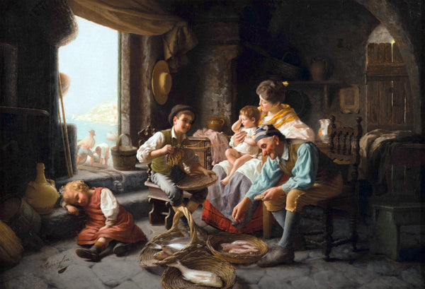 Fisherman's Family - Giovanni Battista Torriglia - Realism Painting - Life Size Posters