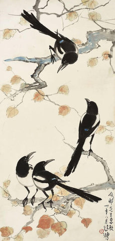 Four Magpies (Happiness Feng Shui) - Xu Beihong - Chinese Art Painting by Xu Beihong
