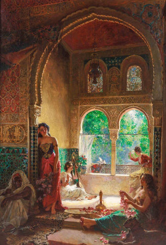 Four Women In The Harem - Rudolf Ernst - 19th Century Vintage Orientalist Painting by Rudolf Ernst