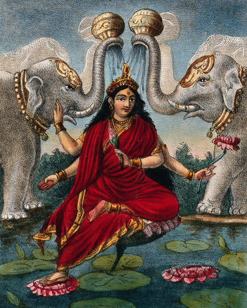 Gajalakshmi - Goddess Lakshmi Being Annointed By Elephants - Vintage Indian Spiritual Religious Painting For Prosperity - Canvas Prints