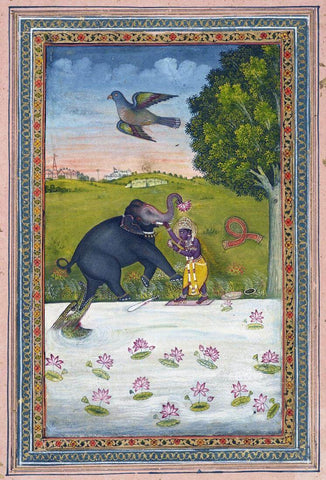 Gajendra Moksha - Vishnu (Depicted As Krishna) Saves The Elephant Gajendra - Indian Vintage Miniature Painting by Tallenge