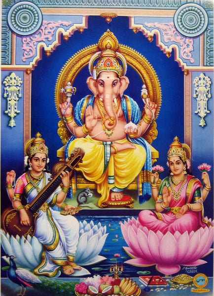 Ganesha Lakshmi Saraswati - C Kondiah Raju - Vintage Religious Painting - Canvas Prints