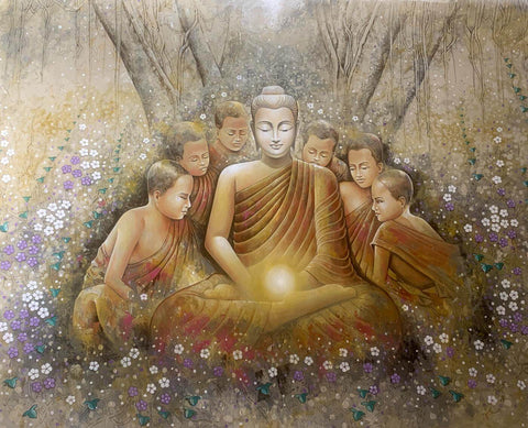 Gautam Buddha With Young Disciples  - Contemporary Buddha Painting - Posters