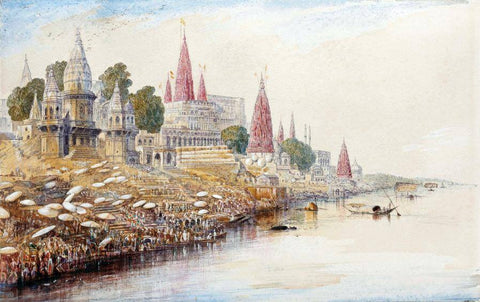Ghats In Benaras - Edward Lear - c1873 Vintage Orientalist Painting Of India by Edward Lear