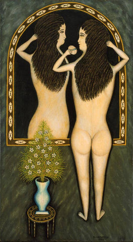 Girl In A  Mirror - Morris Hirshfield - Folk Art Painting by Morris Hirshfield