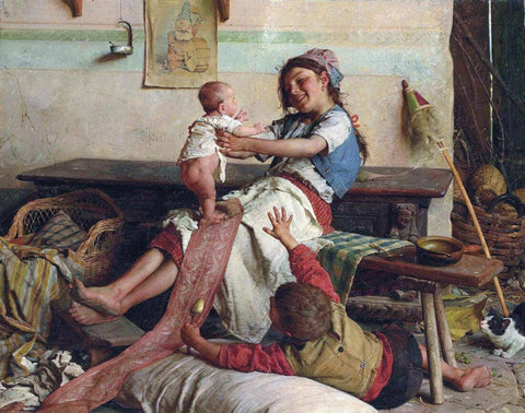 Girl With Baby - Gaetano Chierici - 19th Century European Domestic Interiors Painting by Gaetano Chierici