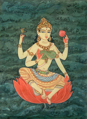 Goddess Adilakshmi Mahalakshmi (Incarnation of Lakshmi As Daughter Of The Sage Bhrigu) - Indian Painting by Raja