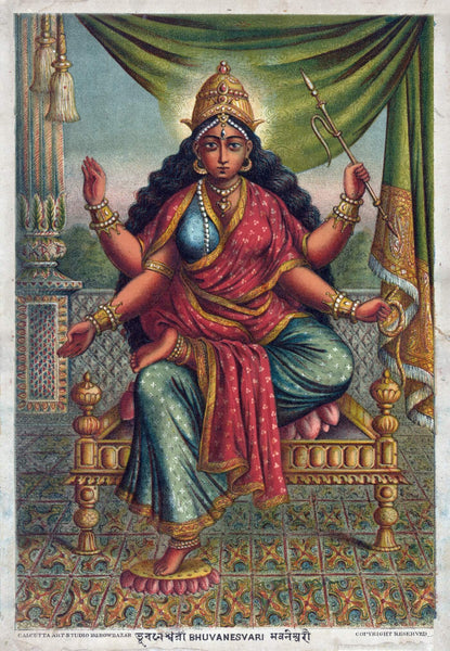 Goddess Bhuvanesvari (Lakshmi - A Mahavidya of Devi) - c1885 Vintage Bengal School Art - Indian Religious Poster - Art Prints