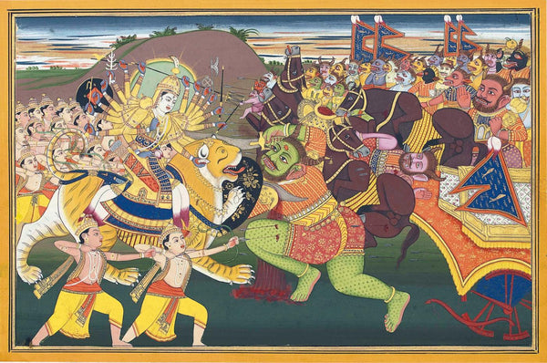 Goddess Durga In Battle Against Demons - Rajasthan School - Vintage Indian Painting c1830 - Framed Prints