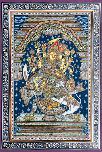 Goddess Durga Mahishasur Mardini - Orissa Pattachitra Painting - Folk Art Of India - Framed Prints