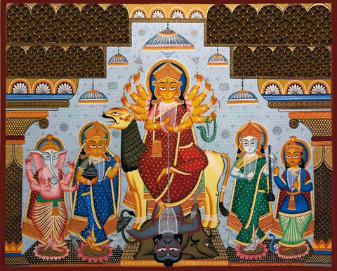 Goddess Durga Mahishasur Mardini - Vintage Kalighat Painting by Tallenge Store