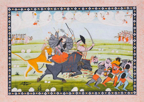 Goddess Durga Slaying the Demon Mahishasur - Vintage Indian Painting c1800s by Tallenge Store