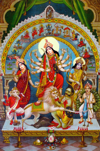 Goddess Durga as Mahishasura Mardini with the Ten Mahavidyas overhead Shakta Print Vintage Indian Art 1925 - Art Prints