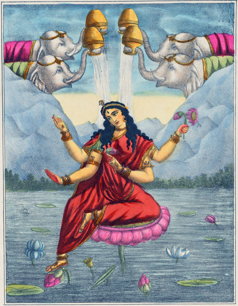 Goddess Kamalatmika (Gajalakshmi - A Mahavidya of Devi) - c1880 Vintage Bengal School Art - Indian Religious Poster - Art Prints