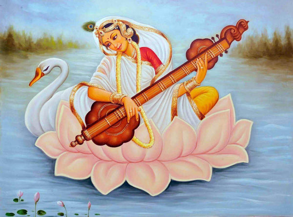 Goddess Saraswati Sitting On A Lotus - Indian Painting - Art Prints