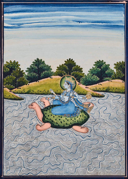 Goddess Yamuna Sailing Upon Her Tortoise - Kangra Punjab Hills c1850 - Vintage Indian Miniature Painting - Life Size Posters