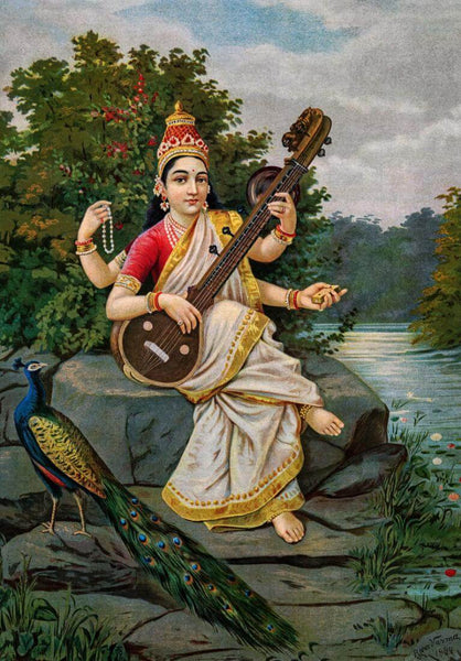 Goddess Saraswati - Raja Ravi Varma Oleograph - Vintage Indian Art Painting - Art Prints