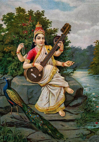 Goddess Saraswati - Raja Ravi Varma Oleograph - Vintage Indian Art Painting - Large Art Prints