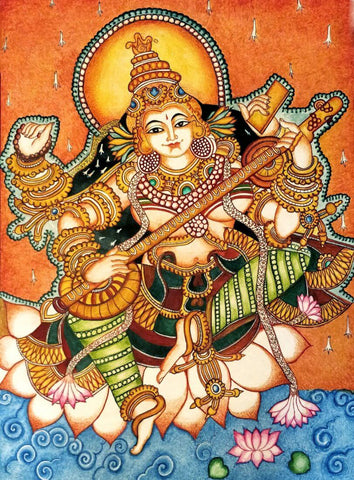 Godess Saraswati - Kerala Mural Painting - Indian Folk Art by Tallenge