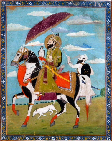 Guru Gobind Singh On Horseback - Punjab Plains mid-19th Century -  Vintage Indian Sikh Art Painting by Tallenge