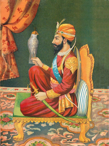 Guru Gobind Singh Seated With A Falcon - Chitra Shala Steam Press Poona c1900 -  Vintage Indian Sikh Art Painting by Tallenge