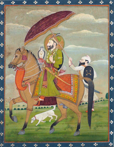 Guru Govind Singh the Tenth Sikh Guru on Horseback with a Falcon - Punjab Plains c1850 - Indian Vintage Miniature Sikh Painting by Tallenge
