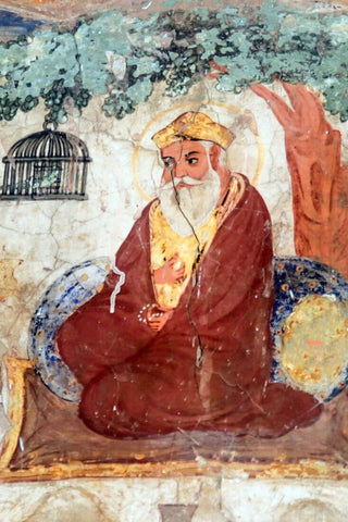 Guru Nanak Dev Ji 19th Century Mural From Gurdwara Baba Atal - Vintage Sikh Art Painting by Tallenge