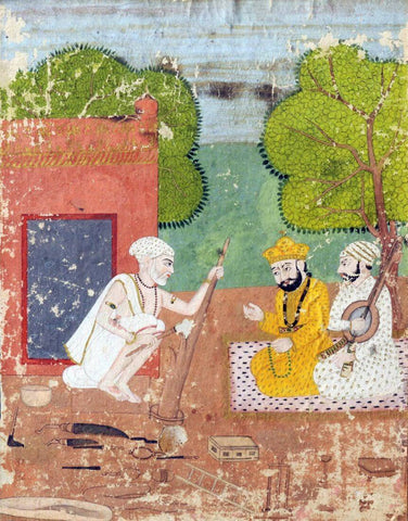Guru Nanak with Mardana in the house of Bhai Lalu - Sikh School  c1825 Indian Vintage Miniature Sikhism Painting by Tallenge