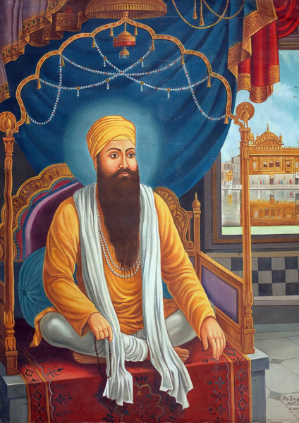 Guru Ram Das (1574-81) The Fourth Sikh Guru With The Golden Temple In The Background - Sikh Art Painting - Large Art Prints