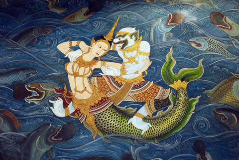 Hanuman And Suvannamaccha (Golden Mermaid - A Daughter Of Ravana - Balinese Ramayan Painting by Kritanta Vala