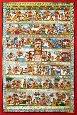 Hanuman Chalisa - Ramayan Phad Painting - Large Art Prints by Raghuraman