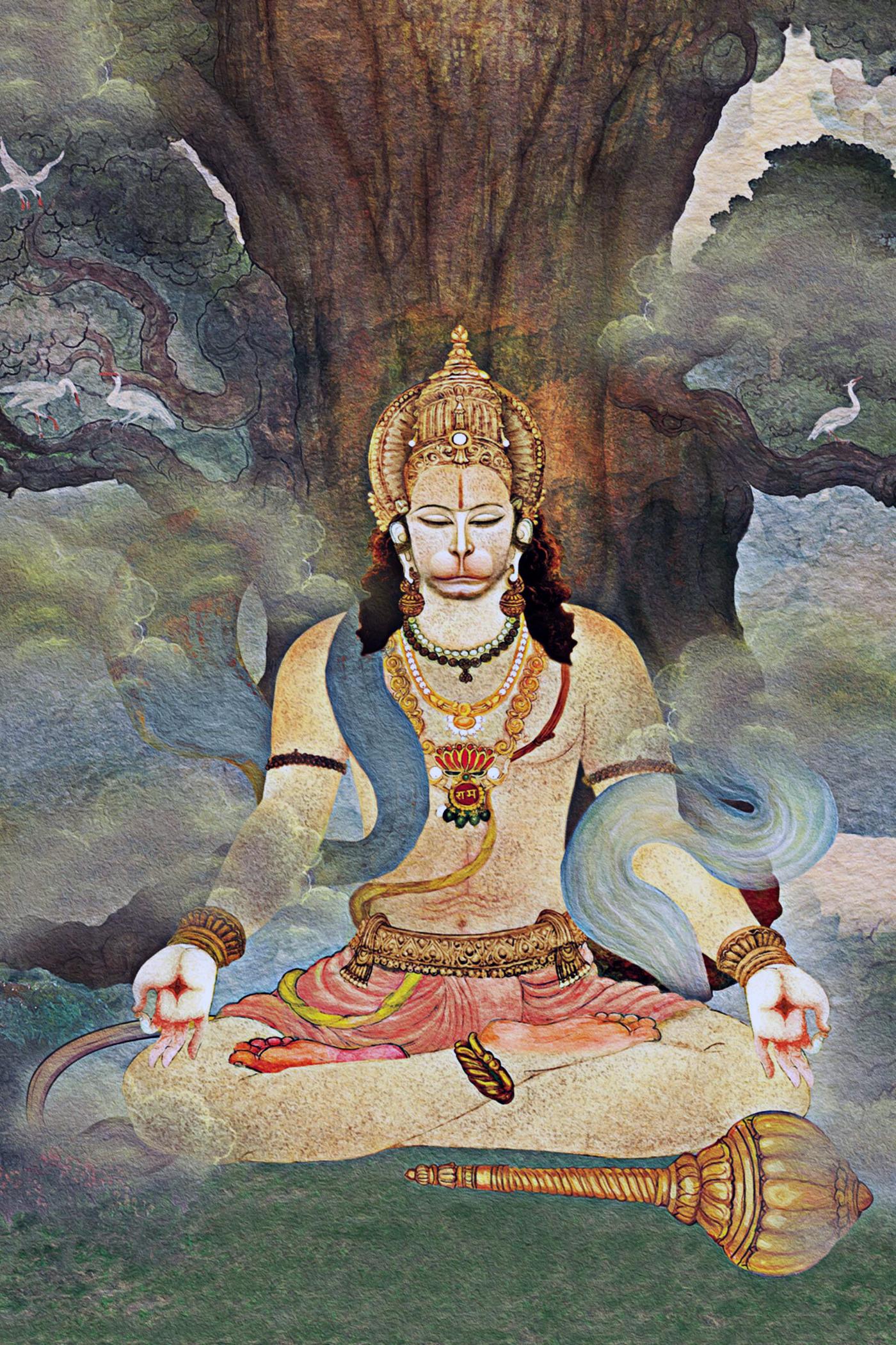 Hanuman Meditating About Lord Ram Vintage Indian Ramayan Painting hanuman-meditating-about-lord-ram-vintage-indian-ramayan-painting