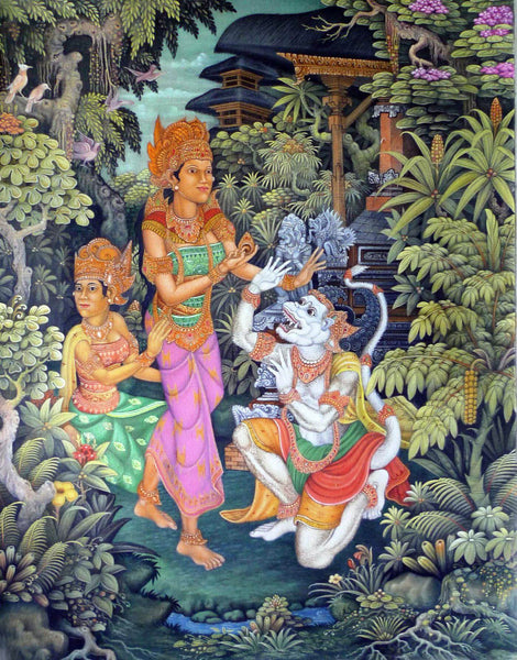 Hanuman Meets Sita at Ashokvana - Balinese Ramayan Painting - Posters