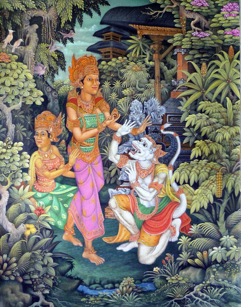 Hanuman Meets Sita at Ashokvana - Balinese Ramayan Painting - Framed Prints