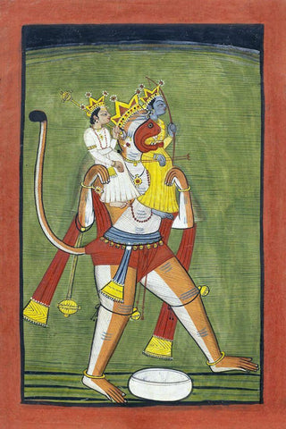 Hanuman carrying Rama and Lakshmana on his Shoulders - Mandi 18th Century - Indian Vintage Miniature Ramayan Painting by Tallenge