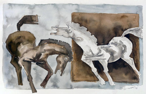 Horses (Brown And White) - Maqbool Fida Husain - Large Art Prints by M F Husain