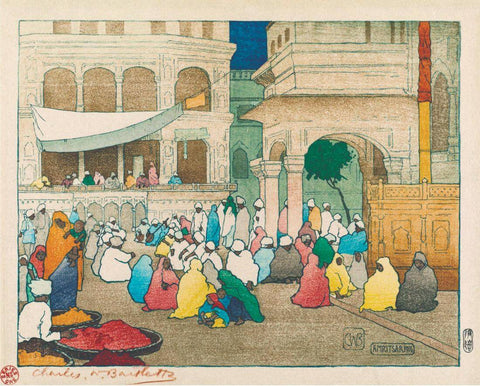 Inside The Golden Temple In Amritsar  - Charles W Bartlett - Vintage 1916 Orientalist Woodblock India Painting by Charles Bartlett
